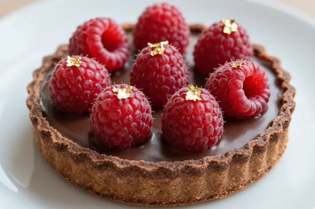 Close-up of a chocolate tart topped with fresh raspberries and edible gold leaf resting on a white plate