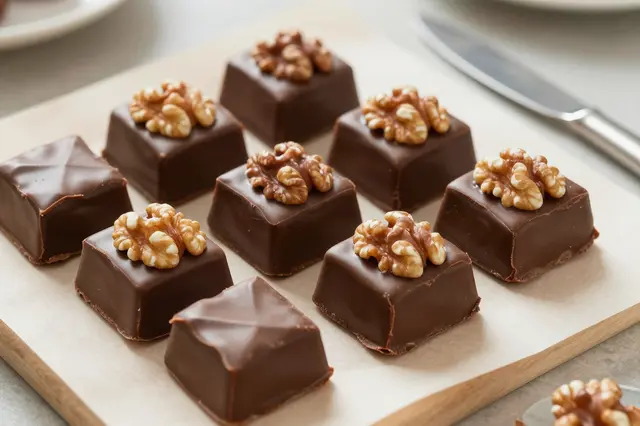 Glossy chocolate fudge squares topped with walnuts rest on parchment beside a small metal knife in warm kitchen light
