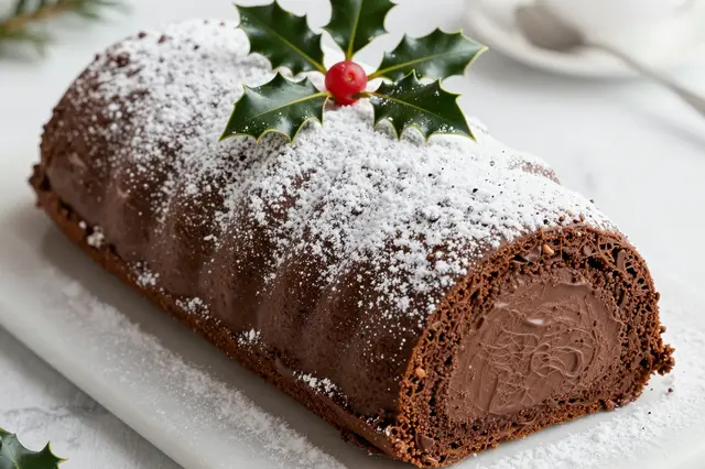 Chocolate yule log cake dusted with powdered sugar and topped with holly sits on a white serving platter