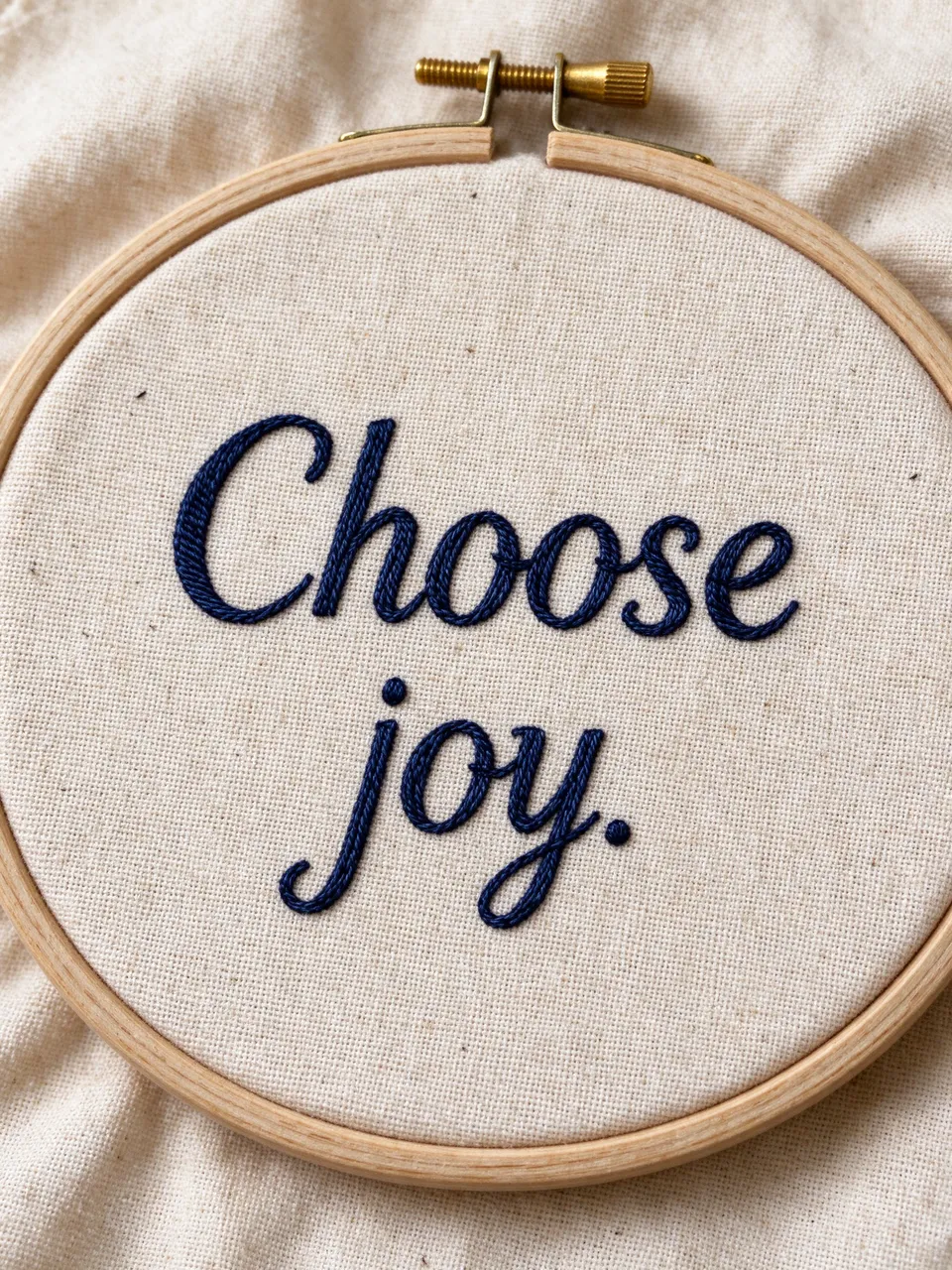 Navy embroidered 'Choose joy.' lettering in a wooden hoop on natural linen fabric