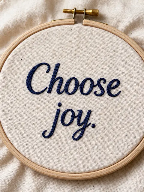 Navy embroidered 'Choose joy.' lettering in a wooden hoop on natural linen fabric