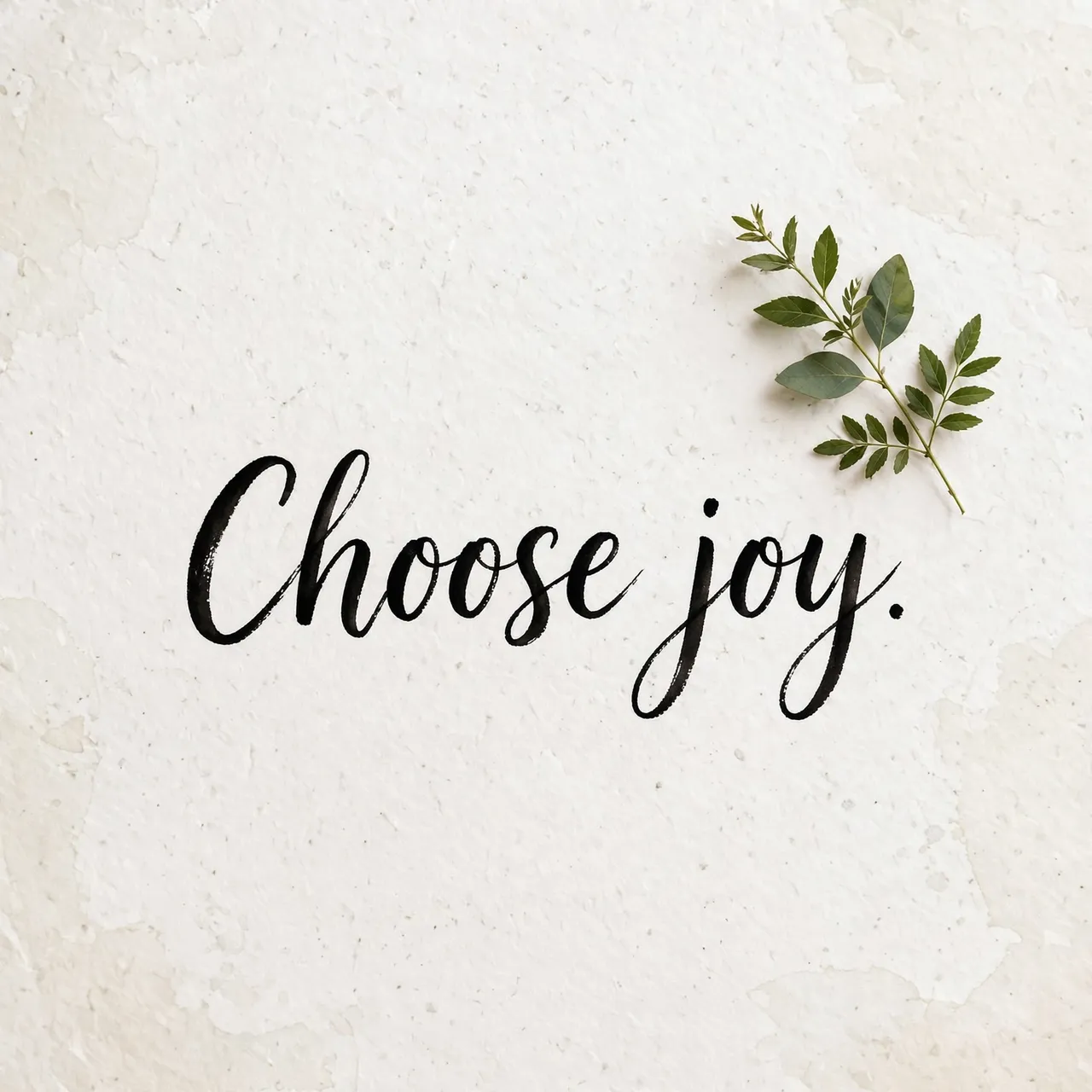 Black brush script reading "Choose joy." sits next to a small green leaf sprig on textured off-white watercolor paper