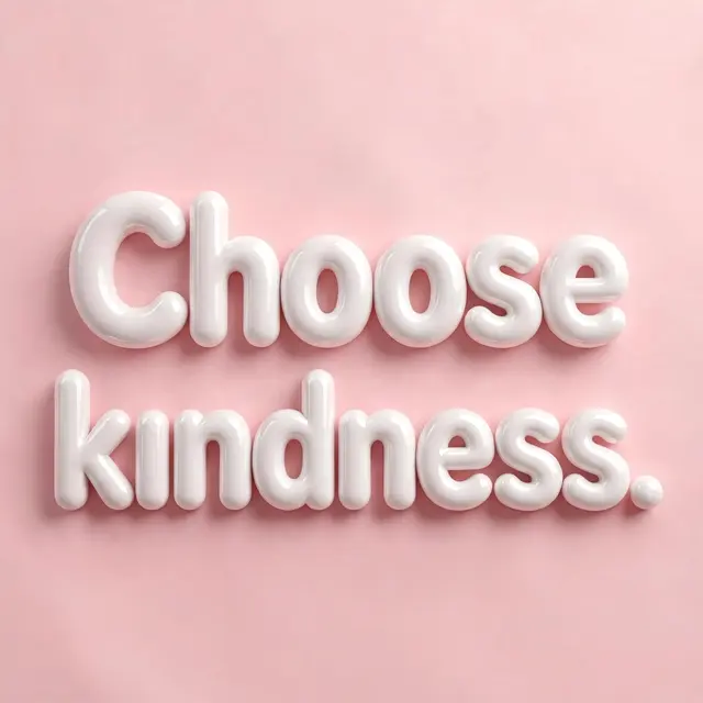 Glossy white 3D bubble lettering spelling "Choose kindness." sits on a soft pastel pink background