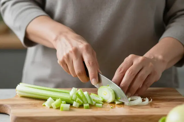 Close-up of a person chopping celery and onion on a wooden cutting board with a kitchen knife