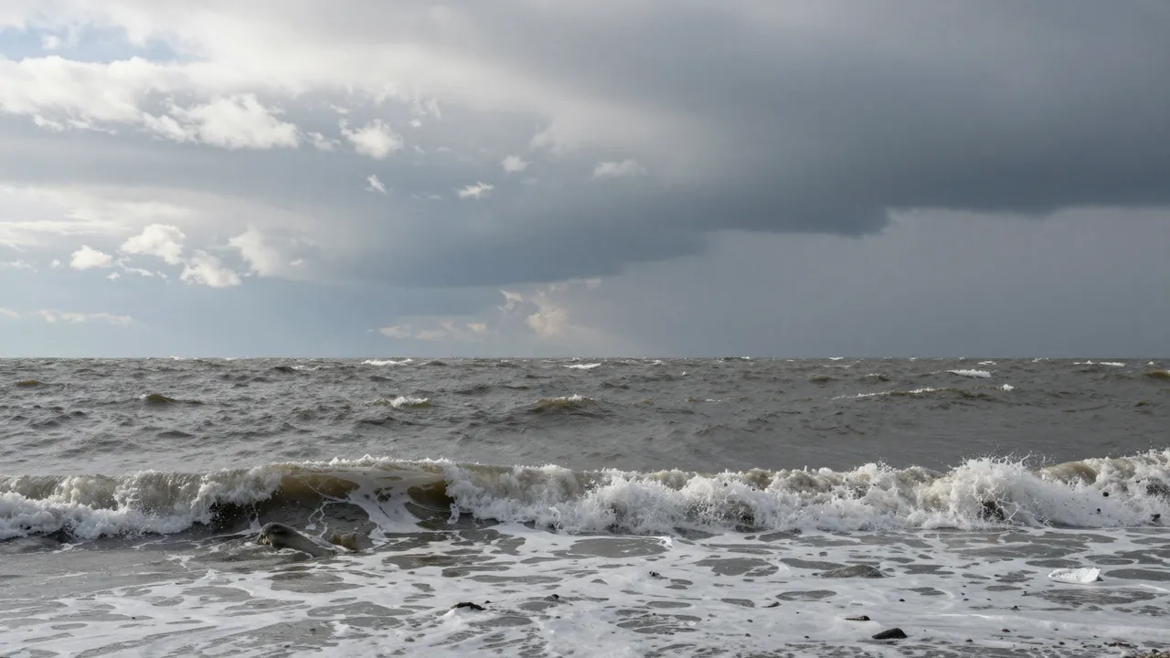 Turbulent gray sea with breaking waves sits beneath a heavy, dramatic overcast winter sky.