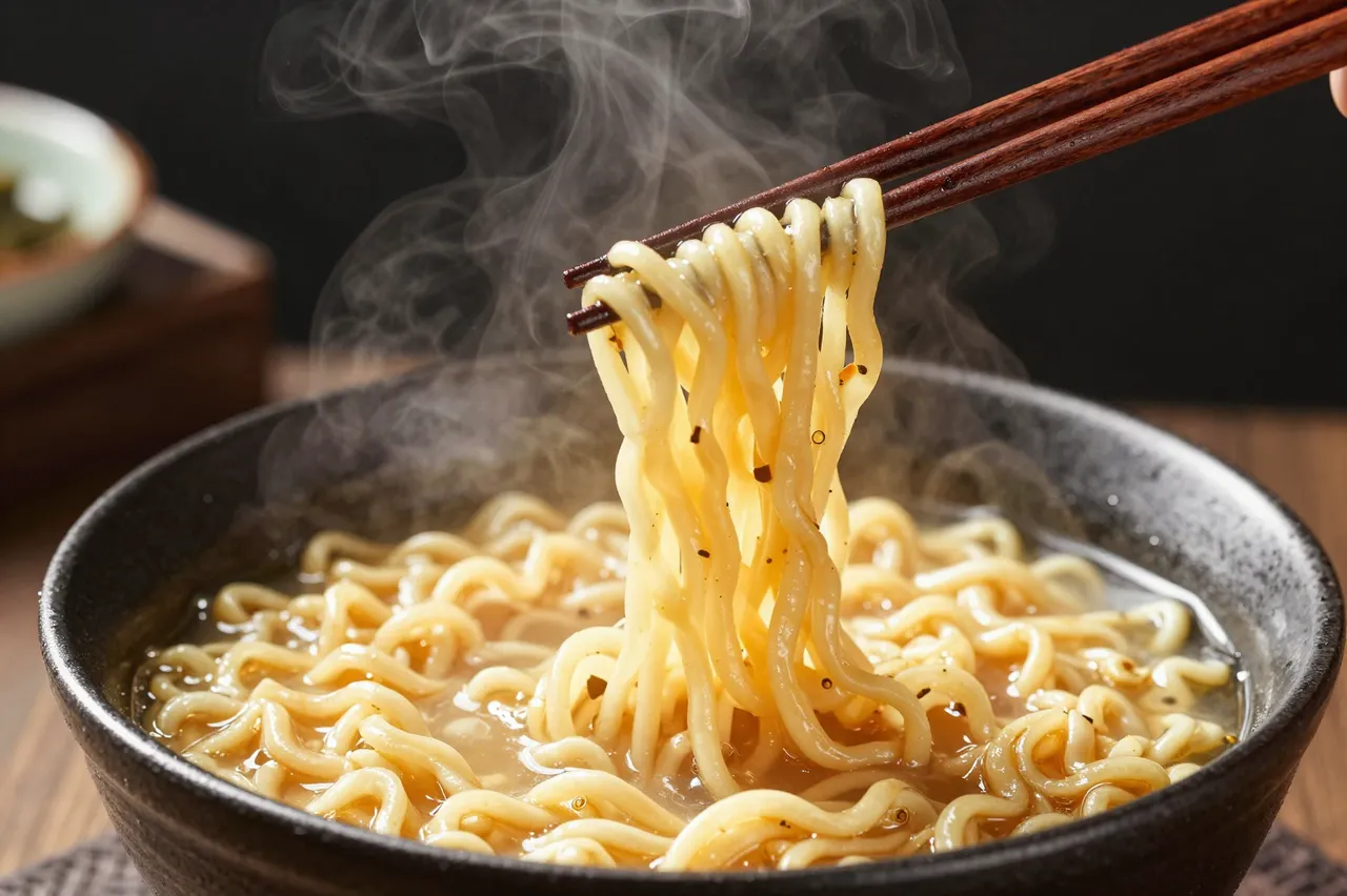 Wooden chopsticks lift steamy ramen noodles from a dark ceramic bowl of hot noodle soup.