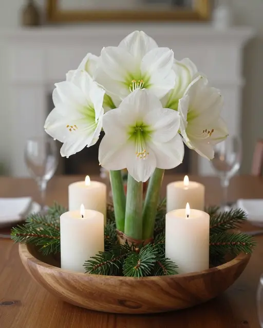 A festive centerpiece of white amaryllis, pillar candles and evergreen in a wooden bowl on a dining table