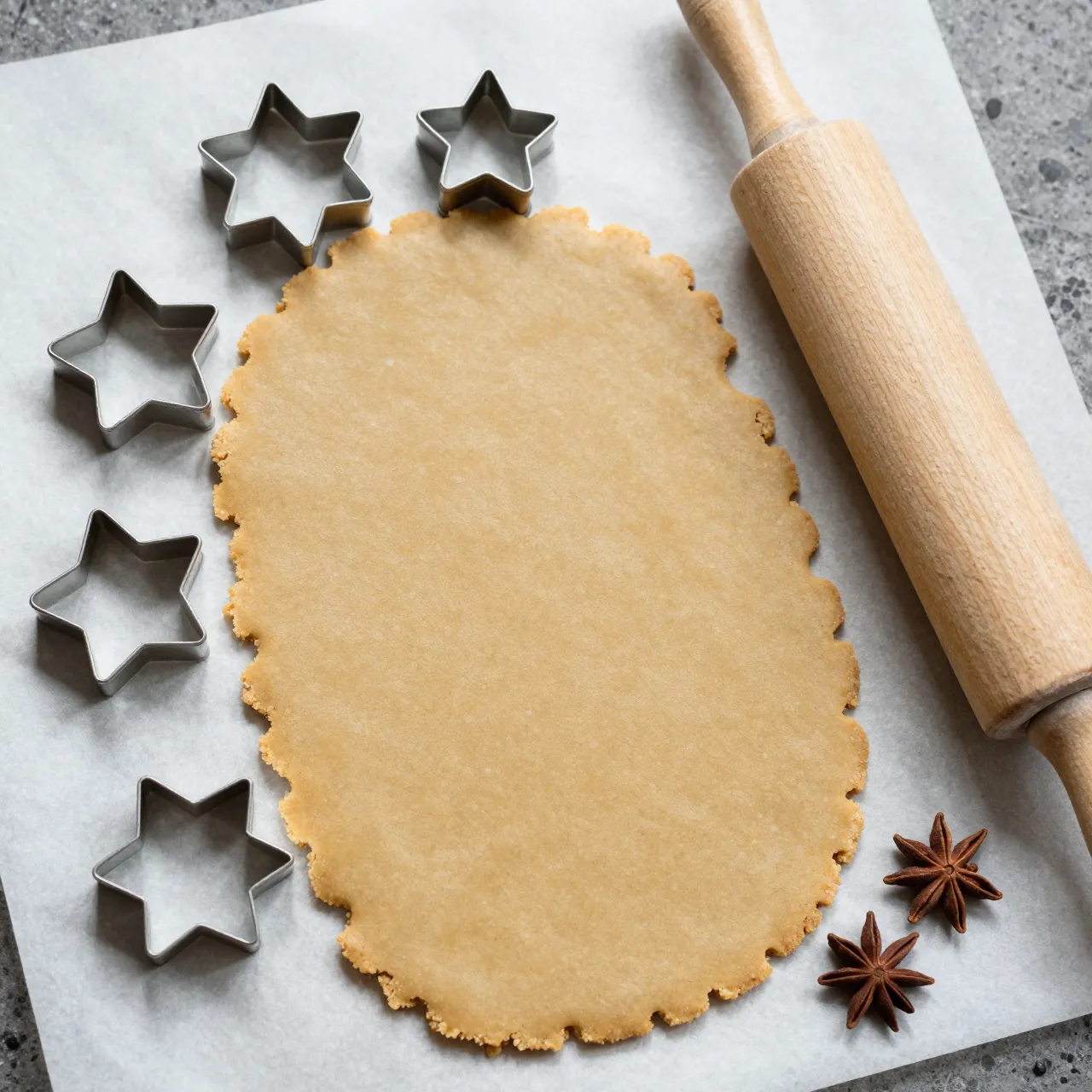 Rolled gingerbread dough sits with star cookie cutters, a rolling pin and star anise on parchment paper