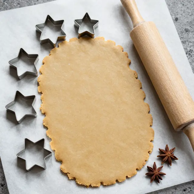 Rolled gingerbread dough sits with star cookie cutters, a rolling pin and star anise on parchment paper