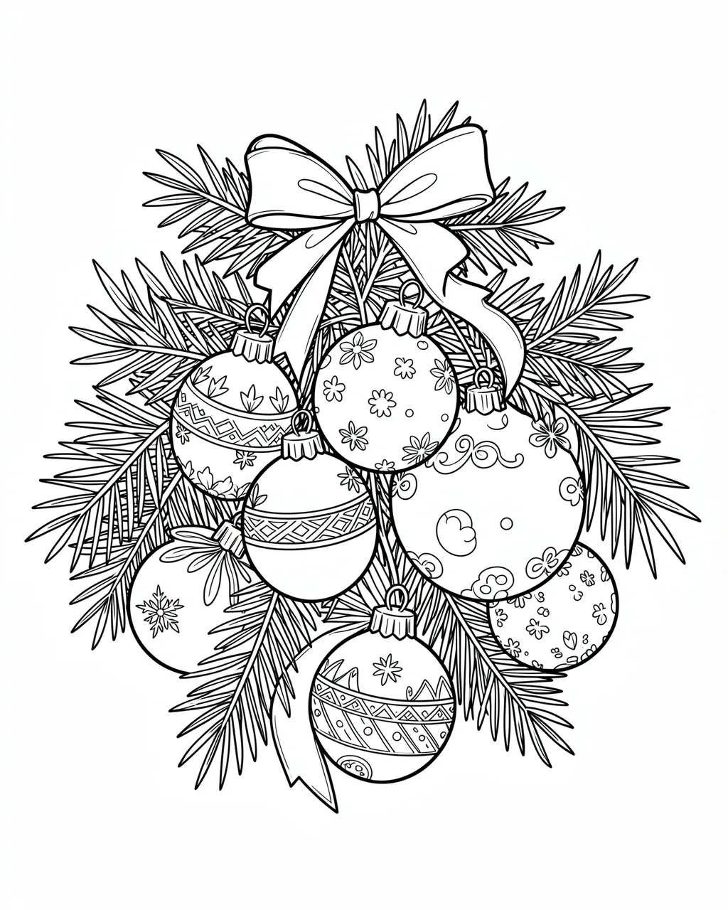 Black and white line art of a cluster of decorated Christmas baubles with pine sprigs and a bow on a plain white background