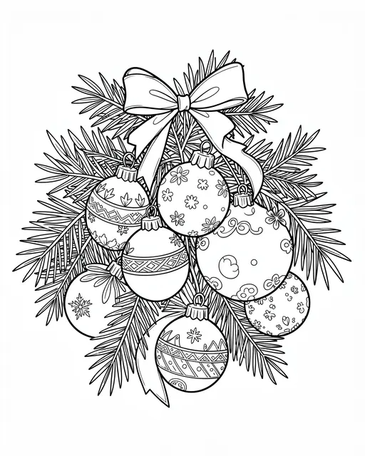 Black and white line art of a cluster of decorated Christmas baubles with pine sprigs and a bow on a plain white background