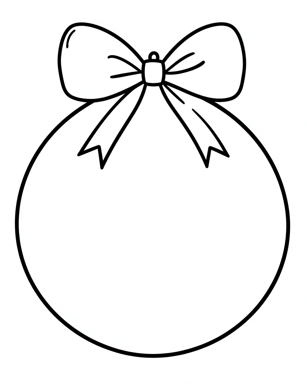 Simple bold black line drawing of a round Christmas bauble with a ribbon bow on a plain white background