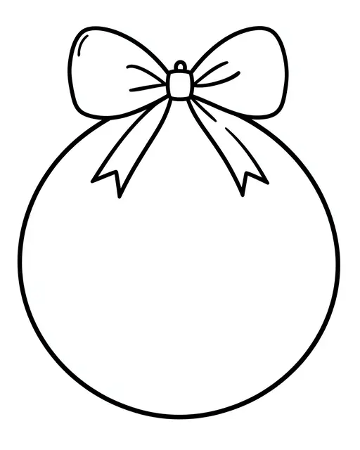 Simple bold black line drawing of a round Christmas bauble with a ribbon bow on a plain white background
