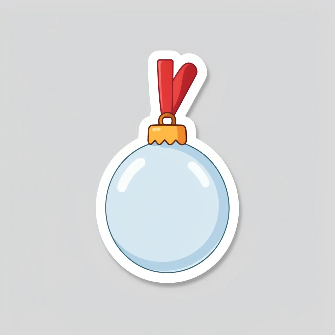 A die-cut sticker of a glass Christmas bauble with a red ribbon and thick white border sits on a light gray background