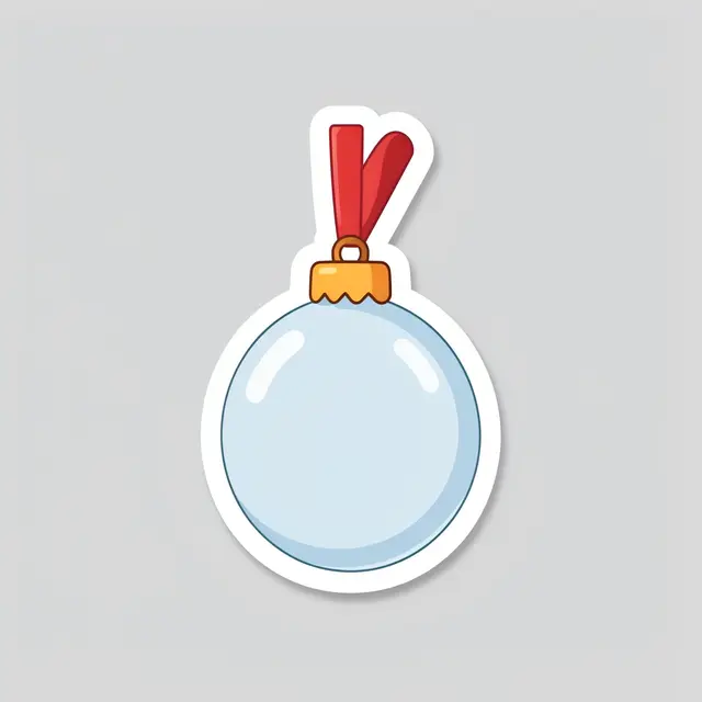 A die-cut sticker of a glass Christmas bauble with a red ribbon and thick white border sits on a light gray background