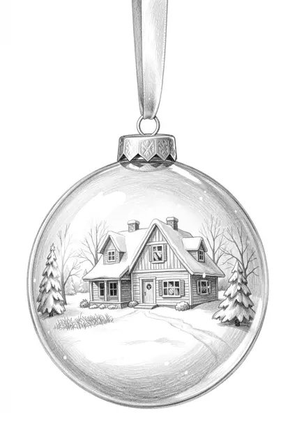 Graphite pencil sketch of a hanging glass Christmas bauble holding a snowy winter cottage scene