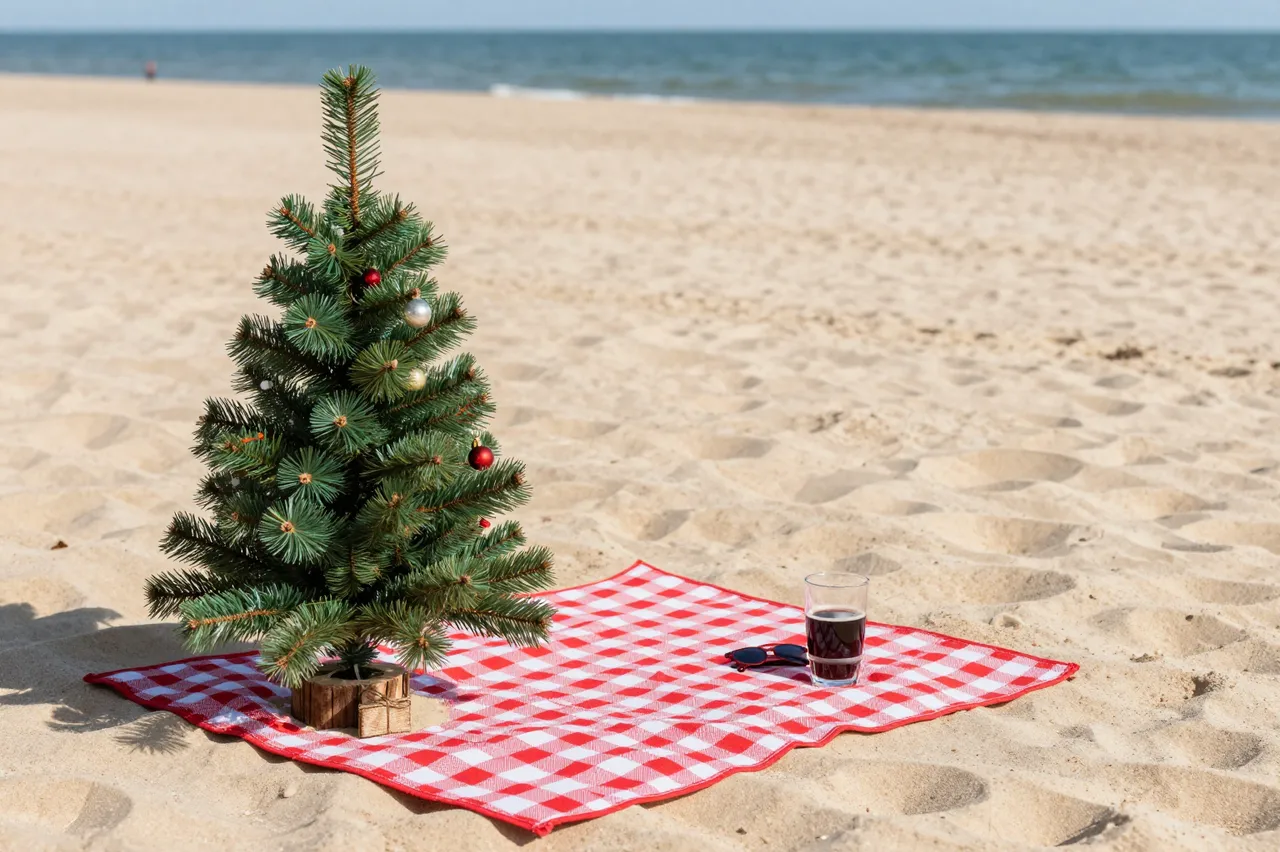 Small decorated Christmas tree on a red checkered picnic blanket atop sunny beach sand beside the ocean