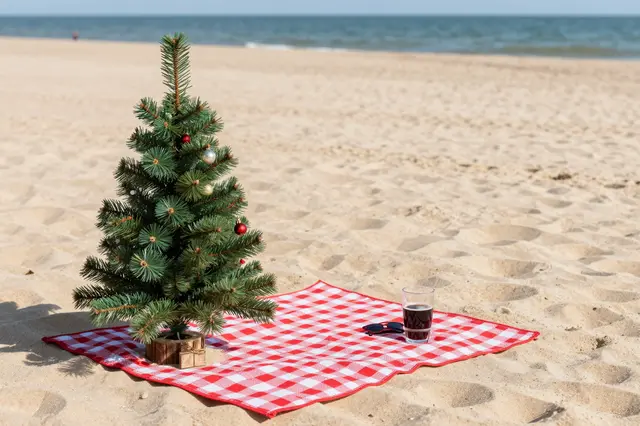 Small decorated Christmas tree on a red checkered picnic blanket atop sunny beach sand beside the ocean