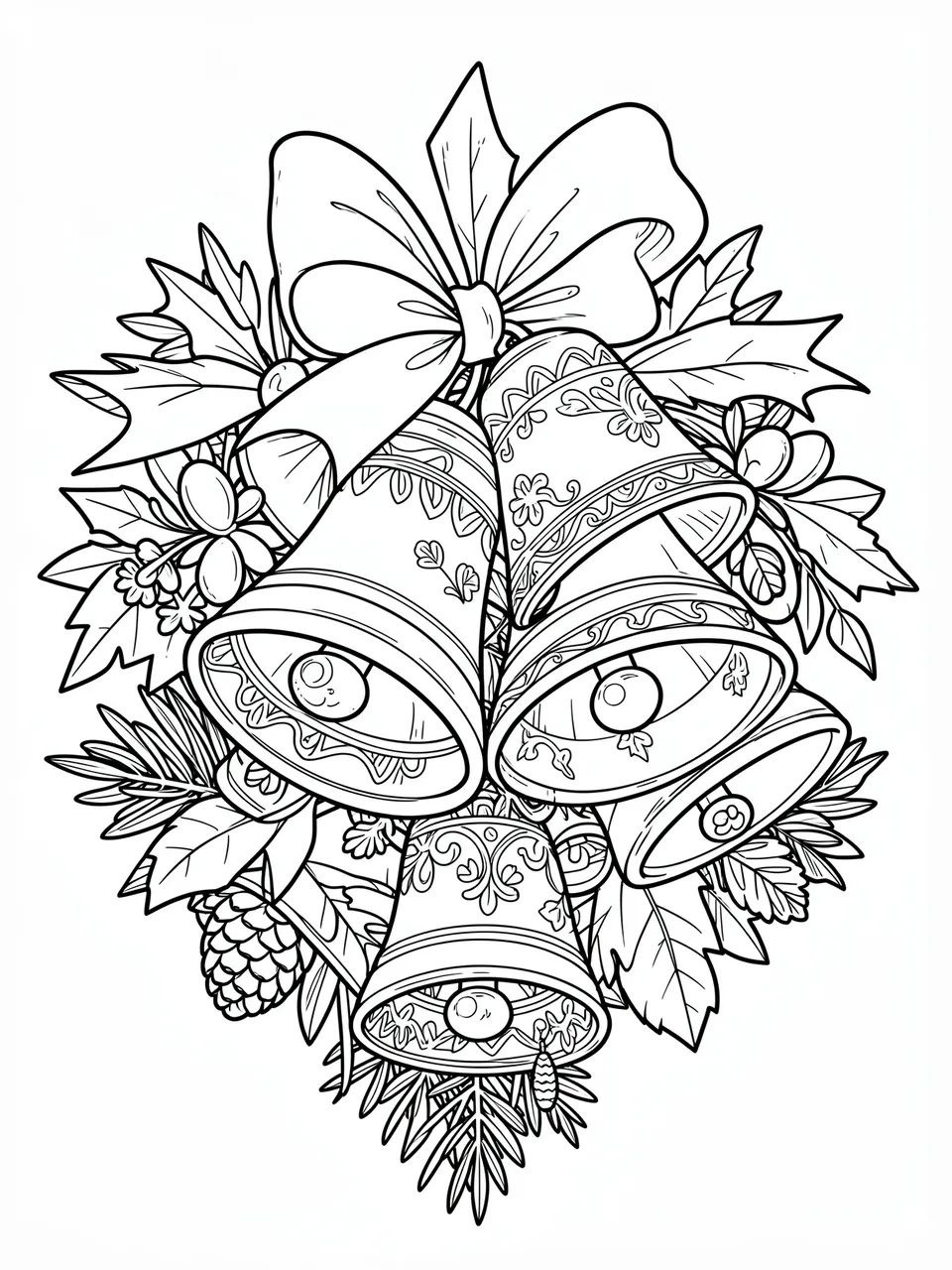 Intricate black and white line art of clustered Christmas bells with festive foliage on a plain white background