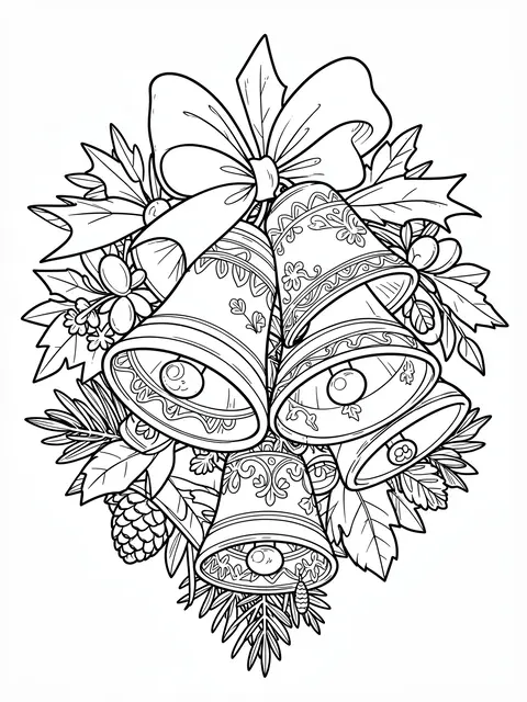 Intricate black and white line art of clustered Christmas bells with festive foliage on a plain white background