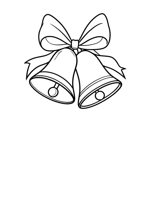 Simple bold black line drawing of two Christmas bells tied together with a bow on a white background