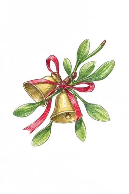 Colored pencil drawing of brass bells, a mistletoe sprig and red ribbon on white paper