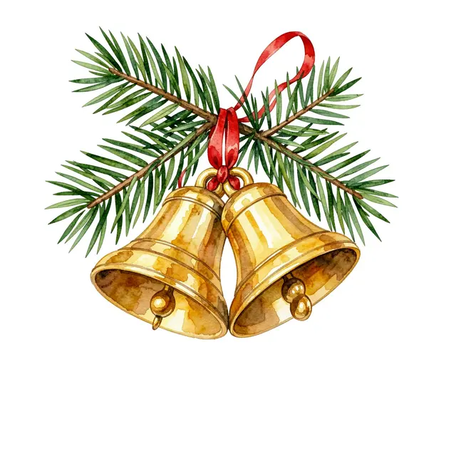 Watercolor illustration of two brass Christmas bells tied with red ribbon to a pine sprig on a white background