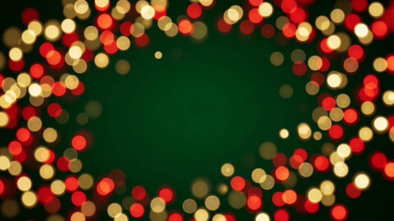 Glowing red and gold bokeh lights form a border around an empty deep green center