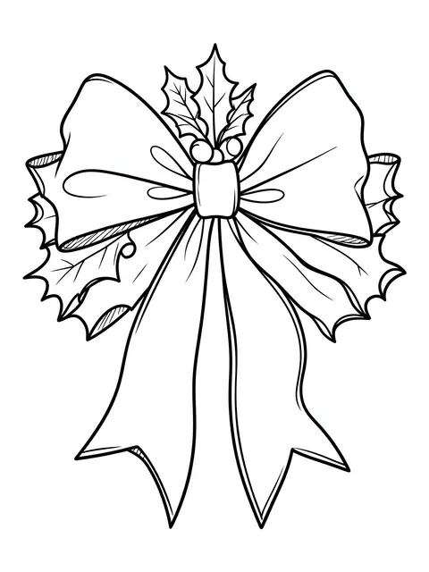 Black and white bold line art of a festive Christmas bow with curling ribbons and holly accents on a plain white background