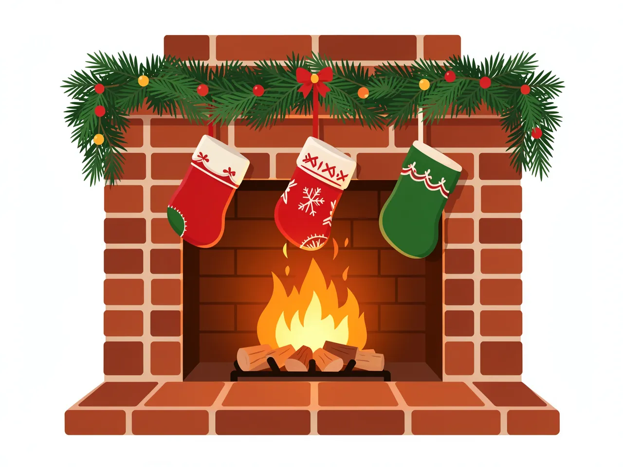 Flat clipart illustration of a brick holiday fireplace with a glowing fire, pine garland, and three hanging stockings on a