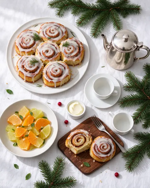 Overhead view of a festive holiday brunch table with cinnamon rolls, citrus salad, coffee and fir sprigs on white linen
