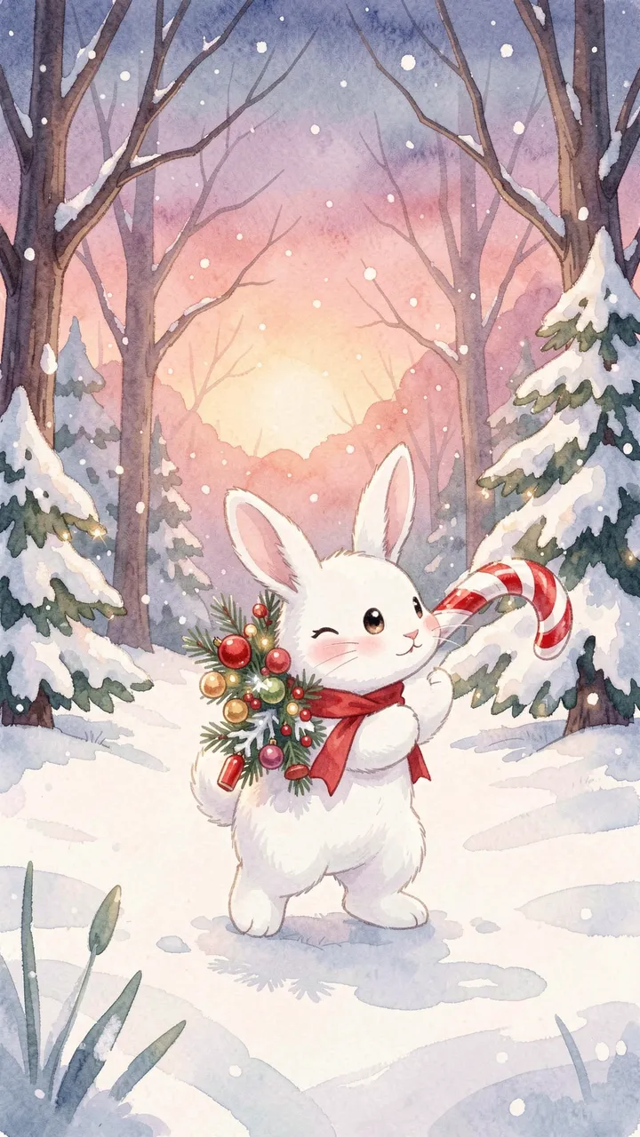 Cute white bunny with a red scarf holds a candy cane in a snowy dusk forest in soft watercolor style