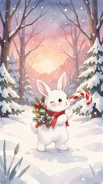 Cute white bunny with a red scarf holds a candy cane in a snowy dusk forest in soft watercolor style