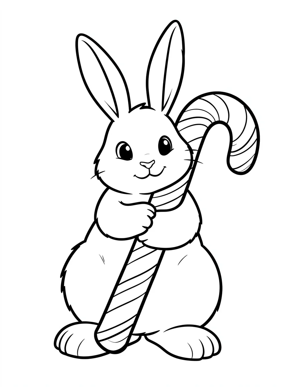 Cute line art Christmas bunny holding a large striped candy cane on a plain white background