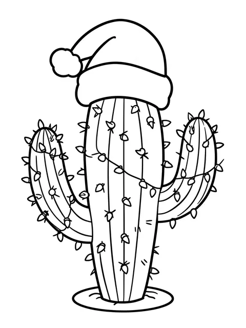 Black and white line art of a cactus wearing a Santa hat wrapped in Christmas lights on a white background