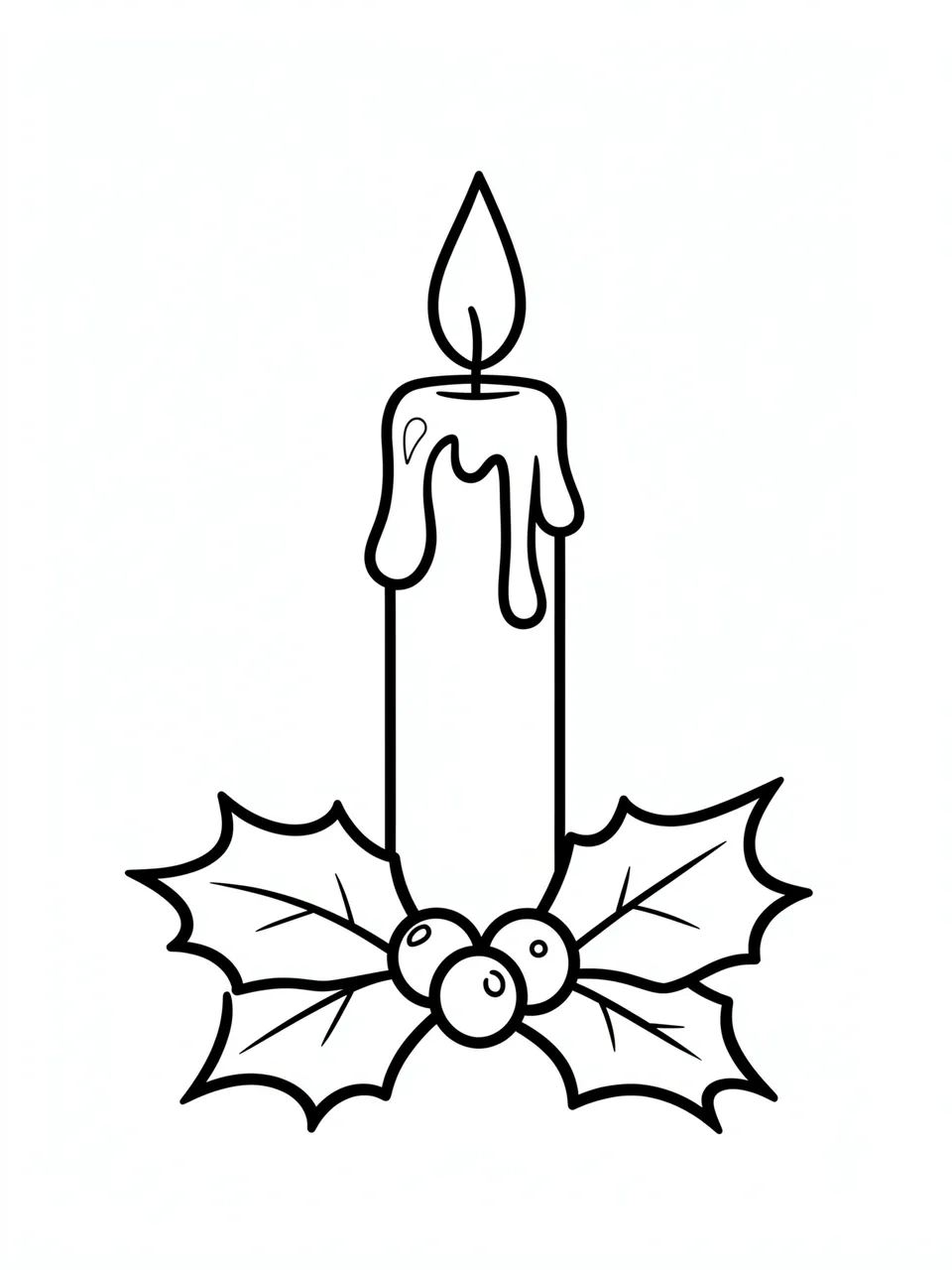 Simple bold black line art of a lit Christmas candle with holly sprig on a white background