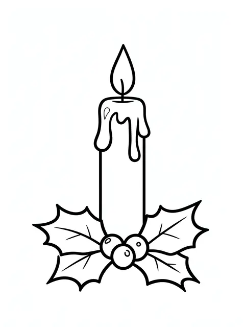 Simple bold black line art of a lit Christmas candle with holly sprig on a white background