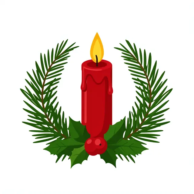 Flat clipart of a lit red holiday candle surrounded by holly and pine sprigs on a white background