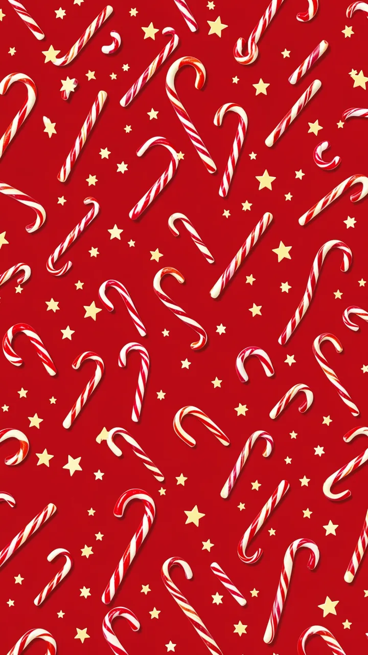Scattered red and white striped candy canes and golden stars arranged on a solid deep red background.
