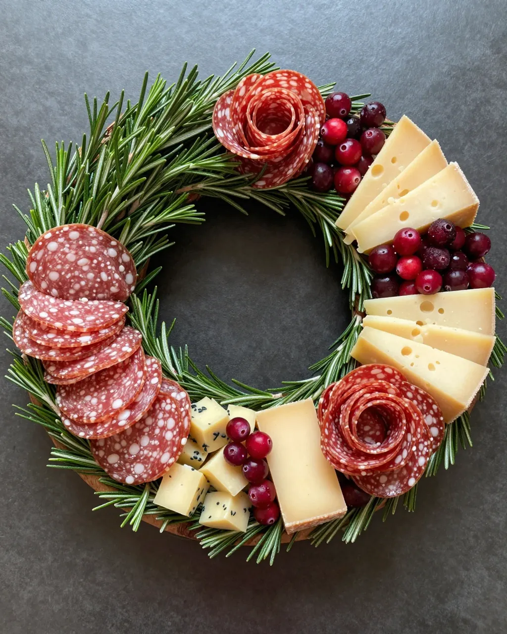 Top-down view of a holiday charcuterie wreath made with rosemary, salami roses, cheese, and cranberries on a dark gray