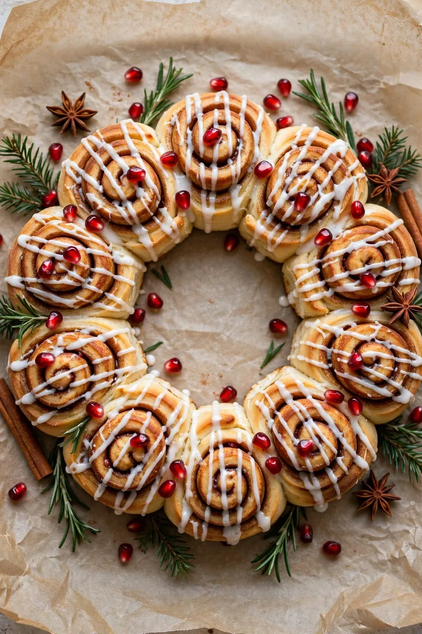 Overhead view of a glazed cinnamon roll wreath decorated with pomegranate seeds, herbs and spices on crumpled parchment