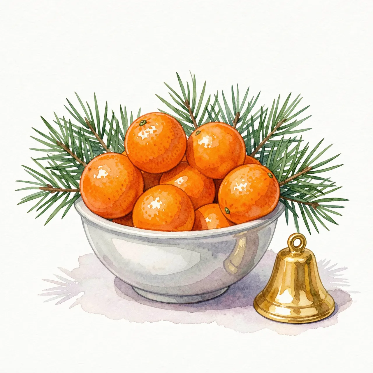 A watercolor illustration of a glass bowl of clementines with pine sprigs and a small golden bell beside it