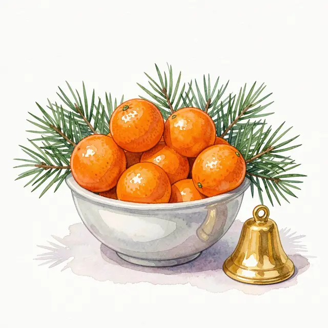 A watercolor illustration of a glass bowl of clementines with pine sprigs and a small golden bell beside it