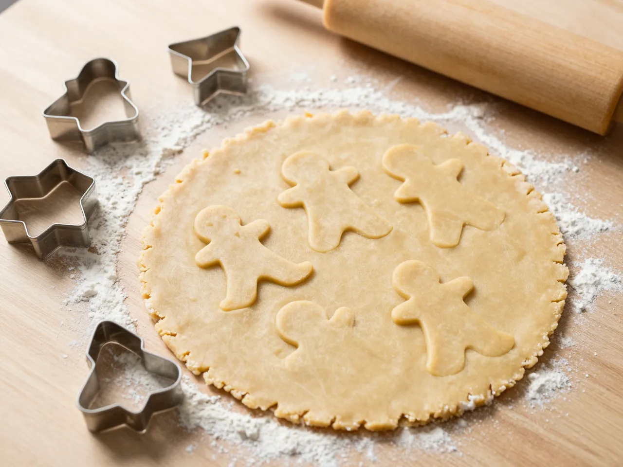Rolled sugar dough with gingerbread cutouts sits next to metal cookie cutters and a wooden rolling pin on a floured wooden