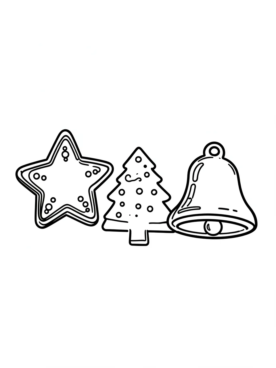Bold black and white line art of star, tree, and bell shaped Christmas cookies on a plain white background