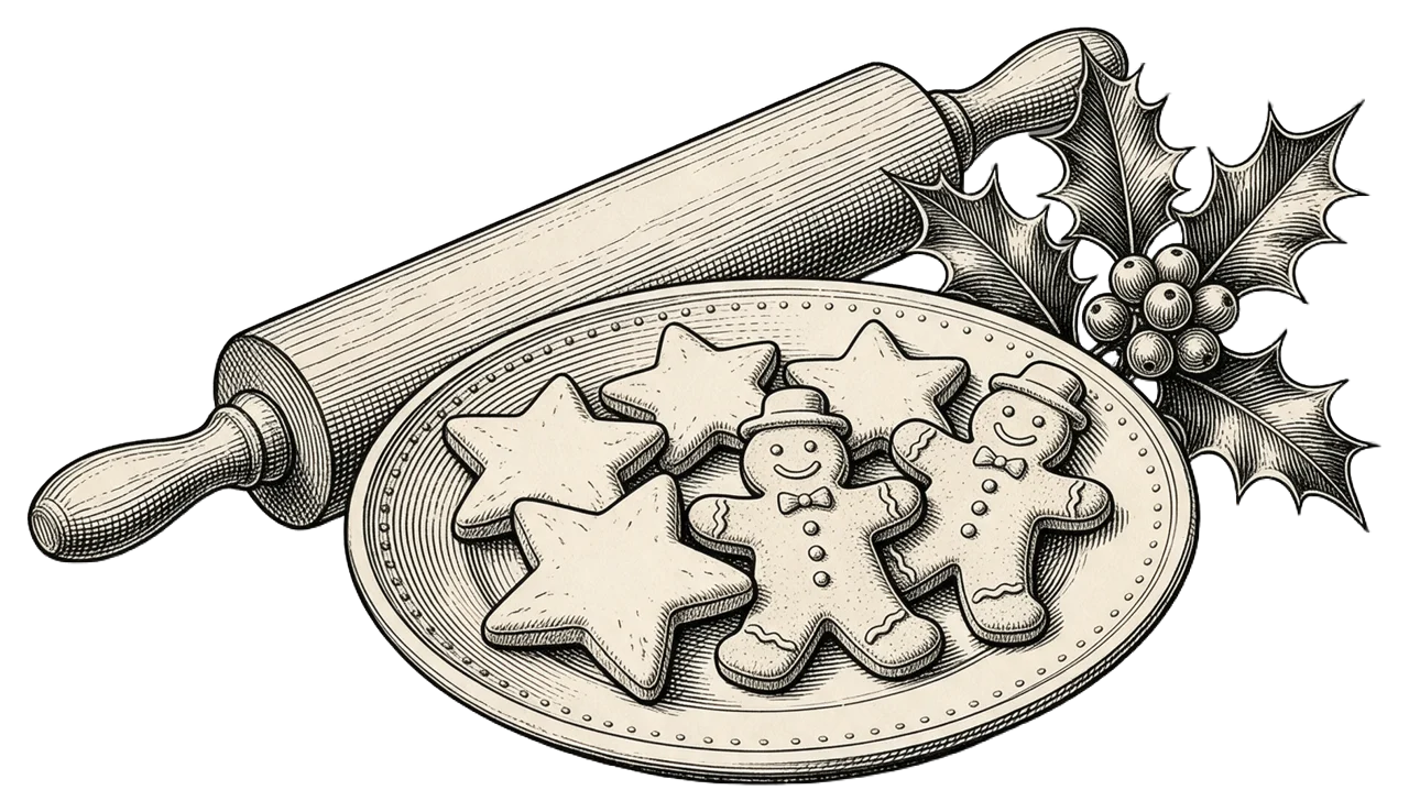Vintage engraved illustration of a plate of gingerbread and star cookies with a rolling pin and holly