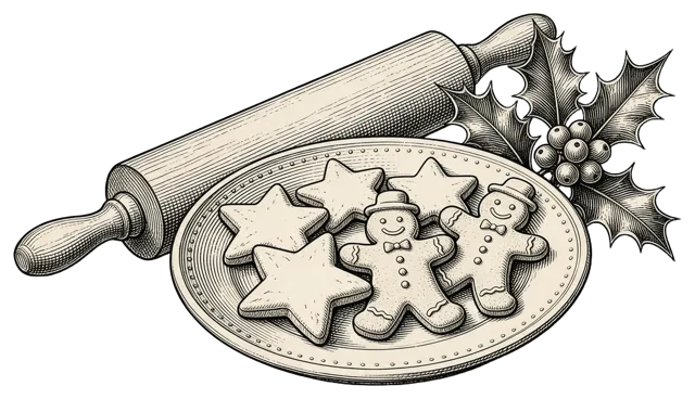 Vintage engraved illustration of a plate of gingerbread and star cookies with a rolling pin and holly
