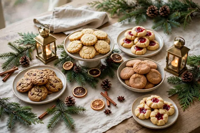 Assorted homemade Christmas cookies arranged with lanterns, fir sprigs and festive decor on a linen-topped wooden table.