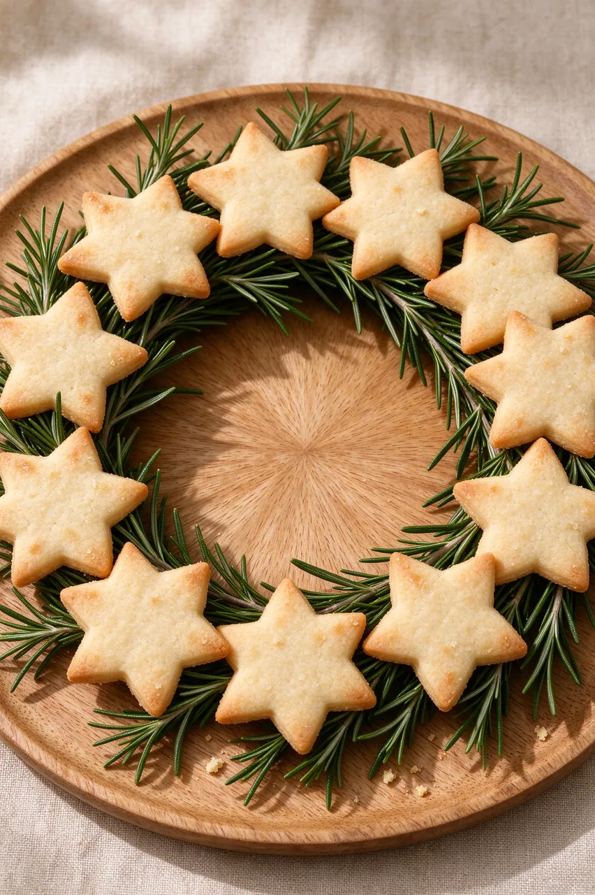 Star shaped shortbread cookies arranged with rosemary sprigs in a wreath on a round wooden board