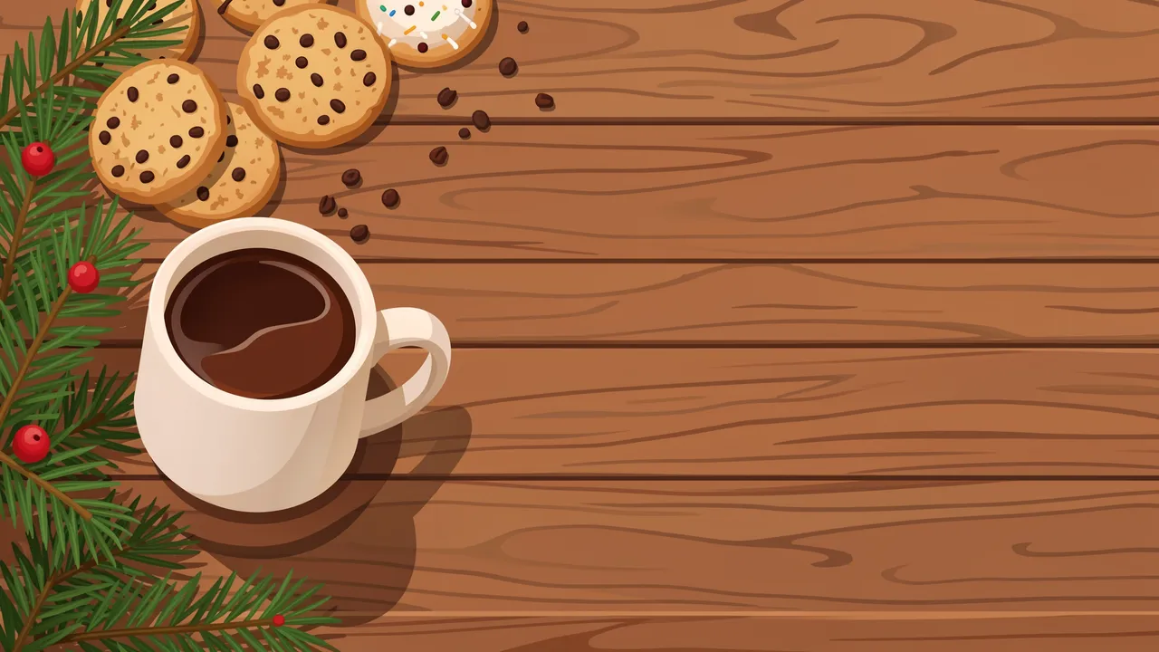 Flat illustration of a wooden table with holiday treats, pine sprigs, and empty copy space on the right.